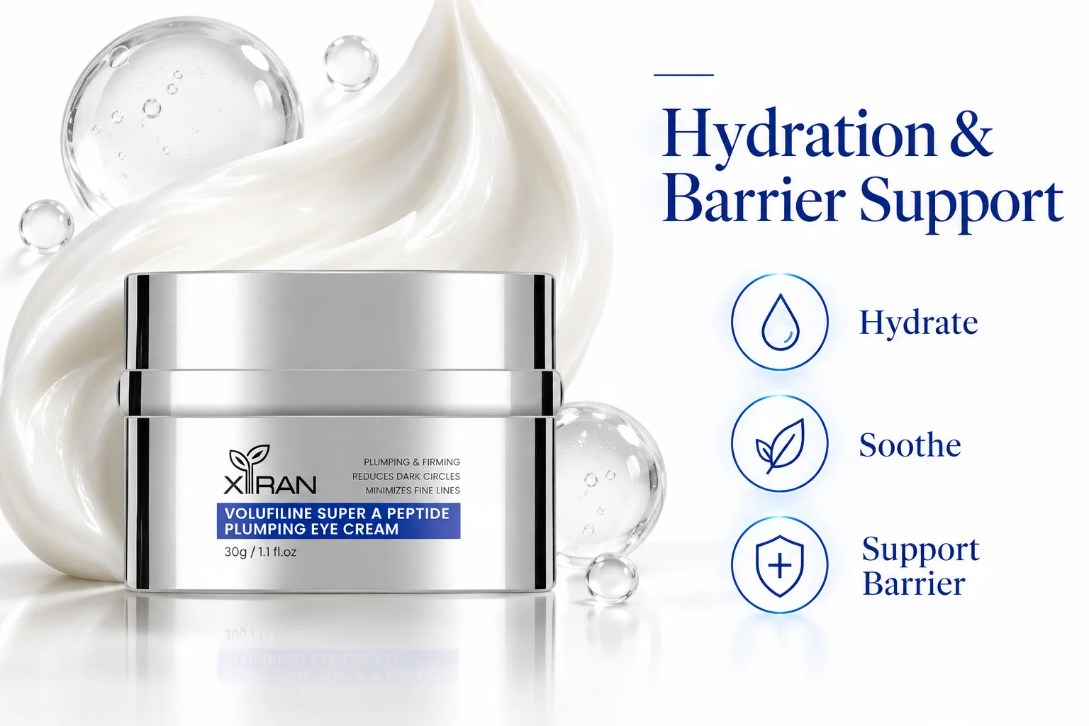 Peptide plumping eye cream in silver jar with a creamy texture and water drops, emphasizing hydration, soothing, and barrier support.